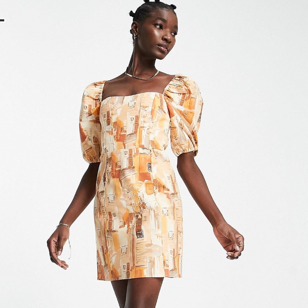 & other Stories puff sleeve mini dress in orange print